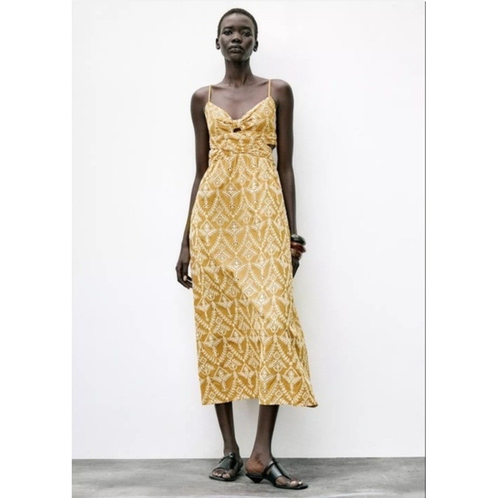 Zara Mustard Yellow Eyelet Midi Dress Large Cutout Twist Front Boho Euro Summer